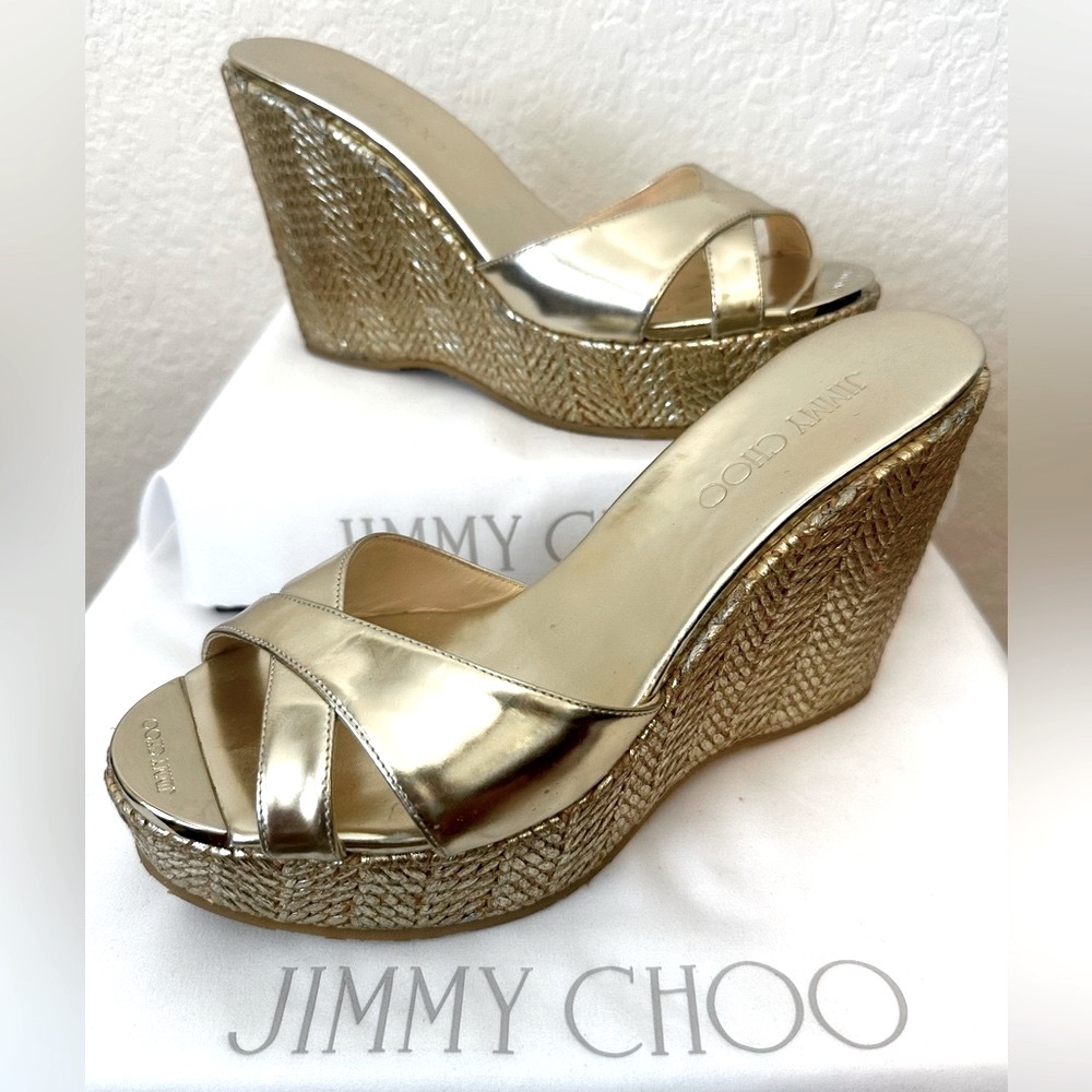 Jimmy Choo Gold & Metallic Platform Wedge Sandal, Size 38